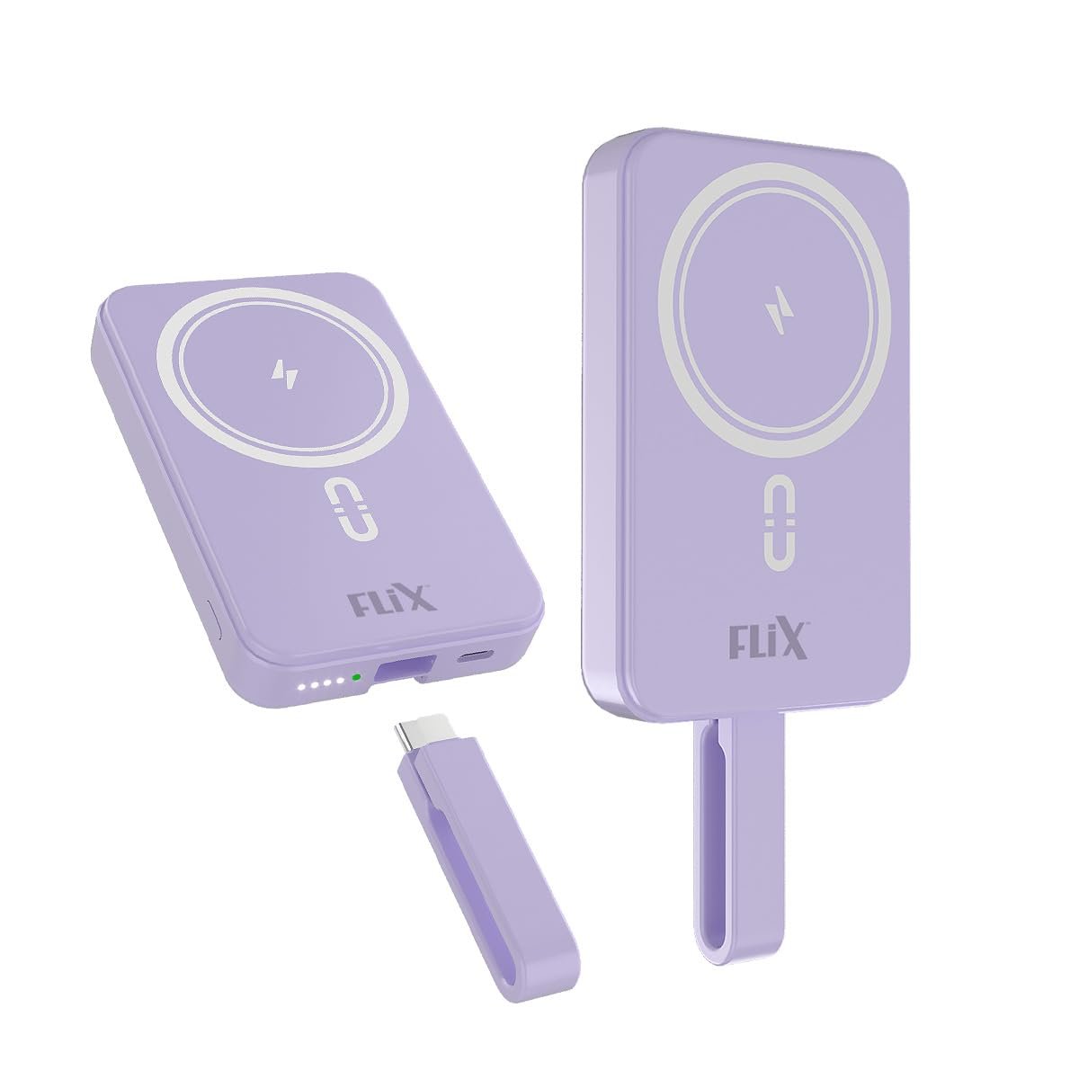 FLiX MagConnect Pro 10k 15W Magnetic Wireless Output,22.5W QC/PD/PPS Pocket Power Bank,Inbuilt Type C & Lightning Reversable Cable Input/Output,LED Display,Perfect for iPhone 12,13,14(Purple)