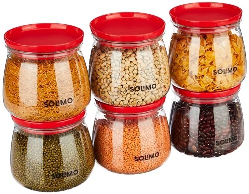 Amazon Brand – Solimo Plastic Storage Jar and Container Set I Air Tight & BPA Free Containers for Kitchen Storage Set I Grocery Kitchen Container Set I Multipurpose Jar, 800 Ml Each, Set 6, Red