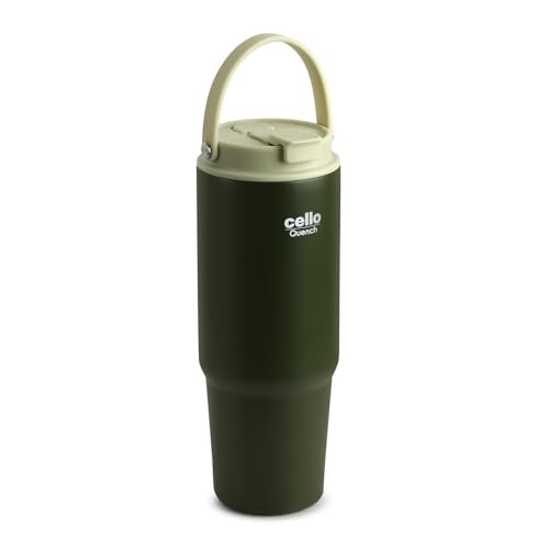 CELLO Quench Go 850 Insulated Stainless Steel Sipper Tumbler with Straw for Daily Use & Travel 850 ml Green | Double Wall Vacuum Insulated Hot & Cold Leakproof Stainless Steel Mug Tumbler for Office