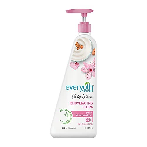 Everyuth Naturals Rejuvenating Flora Body Lotion | 24Hr Hydration | Smooth, Radiant & Healthy Skin | With 100% Natural Almond Milk | Daily Moisturization for All Skin Types – 500ml Bottle
