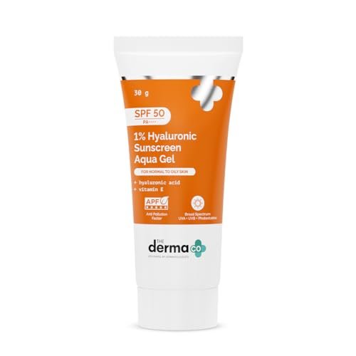 The Derma Co 1% Hyaluronic Sunscreen Aqua Gel SPF 50 PA++++ | Hydrating, Lightweight & Non-Greasy | No White Cast | Broad Spectrum & Blue Light Protection | Clinically Tested – (In-Vivo) | PPD-39 | 30 g
