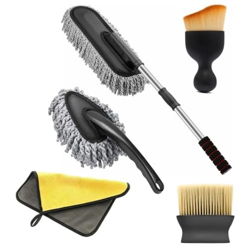 OTO2EYE 5 PCs Microfiber Car Duster with Long Handle Car Cleaning Brush Exteriror and Interiror Car Cleaning Cloth Car Ac Vent Cleaner Brush for Car, Motorbike, SUVs Car Cleaning Kit (Combo 5)