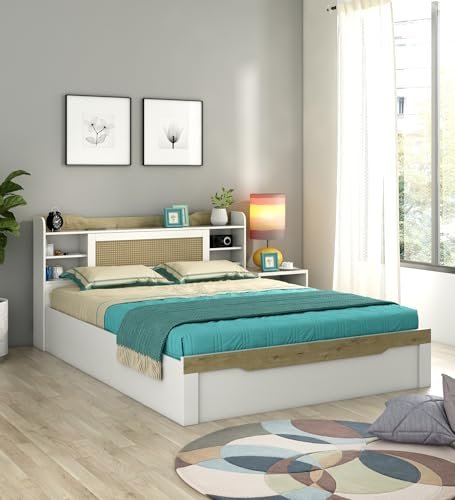 Spacewood Lilly Bed | Queen Size (78 X 60) Engineered Wood Bed with Box Storage| 3 Year Warranty | Modern Design | Kingston White