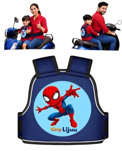 tiny Lijuu Baby & Kids Safety Belt for Two Wheeler, Bike & Scooty | Adjustable Child Safety Harness | Strong Buckle Protection | Comfortable & Secure | 2–12 Years (Spider Blue)