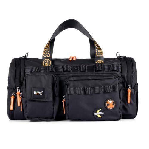 MONKEY TROOPERS Spidey 30.4L Gym Duffle Bag for Men & Women Black Shoe Compartment Front Organizer Pockets Side Utility Storage Luggage Sleeve Padded Shoulder Strap