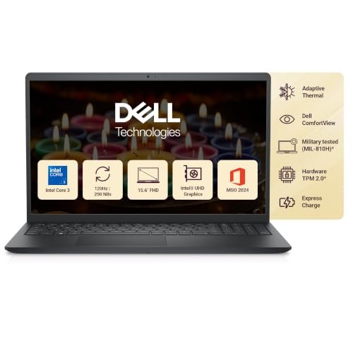 Dell 15 (Previously Inspiron) Laptop, 14th Gen Intel Core i3/Core 3 100U Processor, 8GB DDR4, 512 SSD, 15.6″ FHD 120Hz IPS AG 250 nit Display, Win 11 + Office H&S 2024, Carbon Black, 1.63Kg