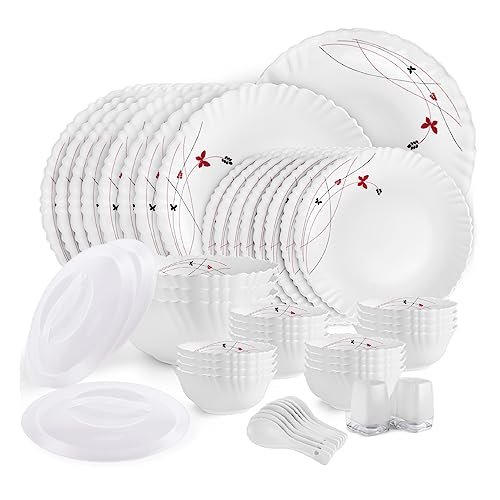Cello Opalware Dazzle Series Lush Fiesta Dinner Set, 49Pcs | Opal Glass Dinner Set for 8 | Light-Weight, Daily Use Crockery Set for Dining | White Plate and Bowl Set