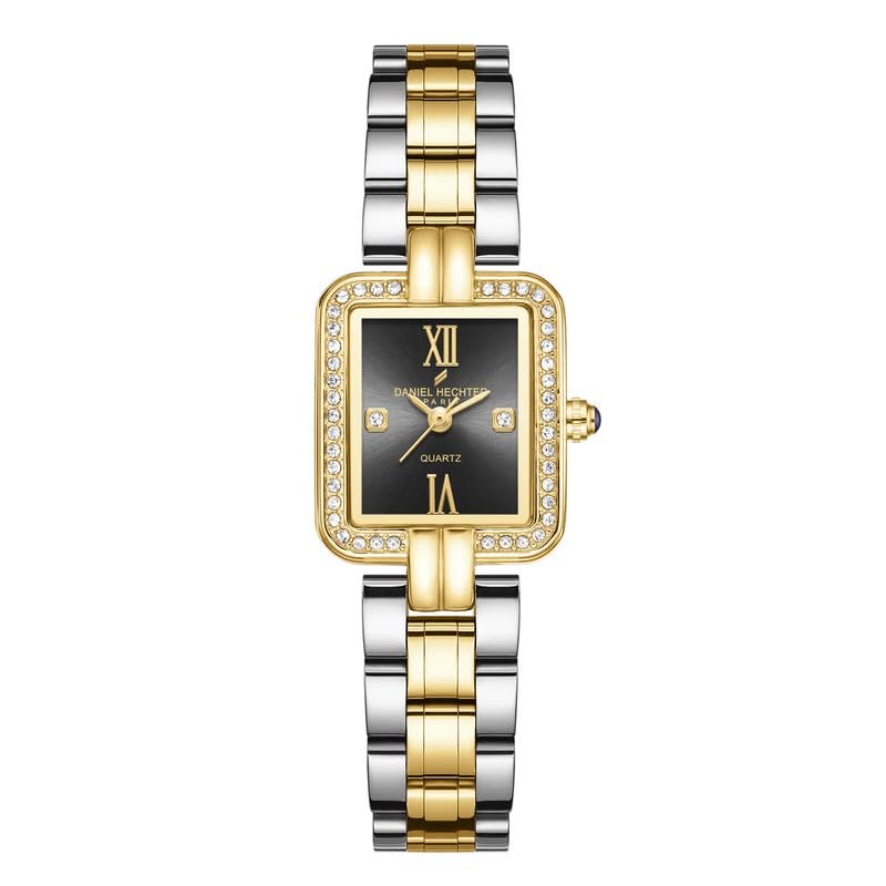 Daniel Hechter Paris Manon Collection Analog Quartz Watch for Women, Sunray Rectangular Dial, Crystal-Studded Stainless Steel Case, Roman Numerals Display, Stainless Steel Strap