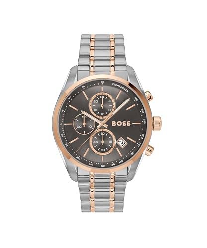 BOSS Grand Prix 44 Qtz Fashion Chrono Grey Round Dial Men’s Watch|Two Tone Stainless Steel Material|Silver Color Band – 1514252