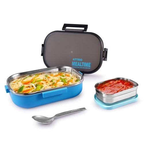 ATTRO Meal Time Stainless Steel Insulated Lunch Box with Small Container Airtight Leak-Proof Perfect for Office, School, Picnic, 800 ml – Sky Blue