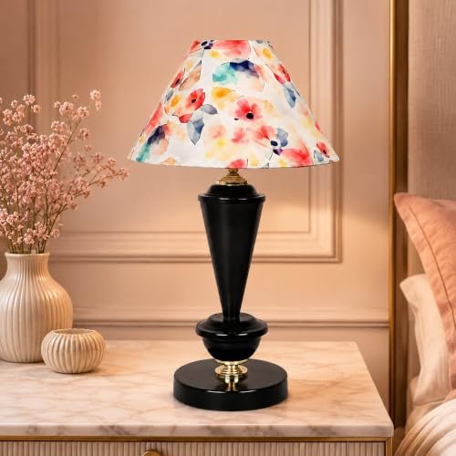 tu casa Modern Brilliance Black Metal Table Lamp for Home Decoration, Bedroom, Living Room, Lounge, Office, Festival Gifting, Study Table (Flower Print with Satin Shade) H – 17″ / No Blub