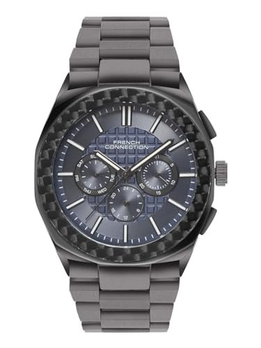 French Connection Textured Blue Round Dial with IP Gun Stainless Steel Metal Strap Multifunction Watch – for Mens FCH27GNM