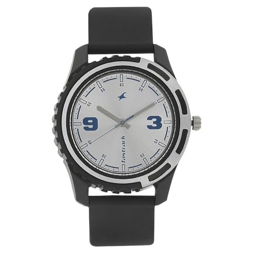 Fastrack Bare Basics Quartz Analog Silver Dial Black Plastic Strap Watch for Guys – NS3114PP02