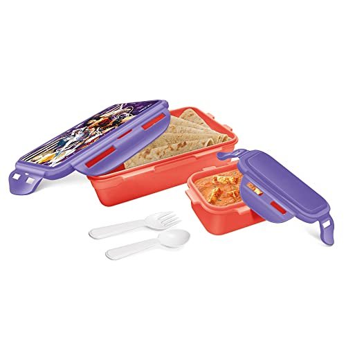 MILTON Mini Fun Treat Super Hero Plastic Tiffin Box for Kids, 650 ml, with Inner Container, 125 ml, Purple | School Lunch Box | Leak Proof | Food Grade | Easy to Carry | Easy to Clean
