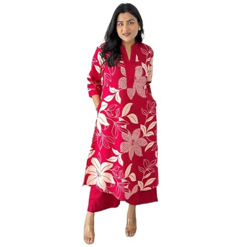 Yashika Women’s Floral Printed Cotton Blend 3/4th Sleeve Knee Length V-Neck Kurta and Palazzo Set for Women (AZ-YS-OG-KS2204 Pink-XL)