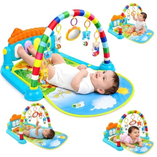 TinyPlay Baby Play Gym with Kick and Play Piano, Hanging Rattles & Mirror | BIS Certified Musical Activity Play Mat for Newborn Babies 0-12 Months, Tummy Time Toy (Multicolor)