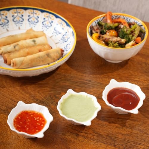 HOME 360 Premium White Ceramic Dip Bowl Set of 3 | Wavy Square Mini Dishes & Condiment Serving Bowls | Elegant Pinch Bowls for Ketchup, Salsa, Chutney & DIps (3, Leaf DIp Bowls)