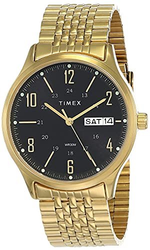 TIMEX Classics Analog Watch for man with Black Round Dial & Gold Stainless Steel Bracelet Band Water Resistant Men’s Wrist Watches – TW0TG6504