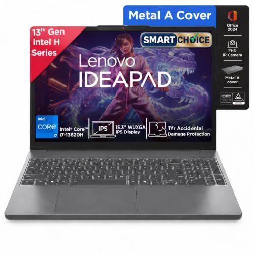 Lenovo IdeaPad Slim 3 Smartchoice 13th Gen Intel Core i7-13620H 15.3 inch (38.8cm) WUXGA IPS Laptop (16GB RAM/512GB SSD/Windows 11/Office 24/Metal A Cover/Backlit Keyboard/Luna Grey/1.6Kg), 83K101JGIN