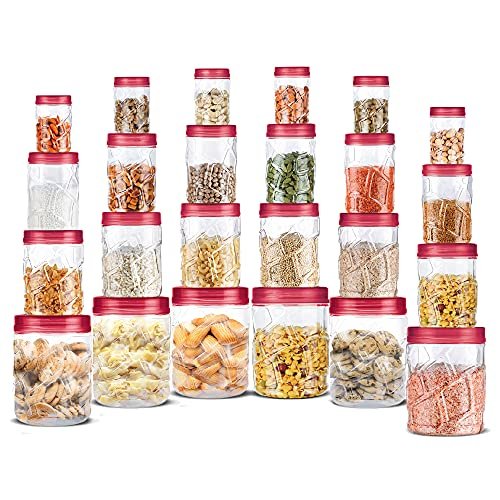 MILTON Vitro PET Canister Set of 24 (6x300ml,6x700ml,6x1400ml,6x2000ml) Airtight, Food Grade, Stackable, For Grains, Pulses, Spices, Cereals, Cookies, Dry Fruits, Fridge Storage Container, Red Wine