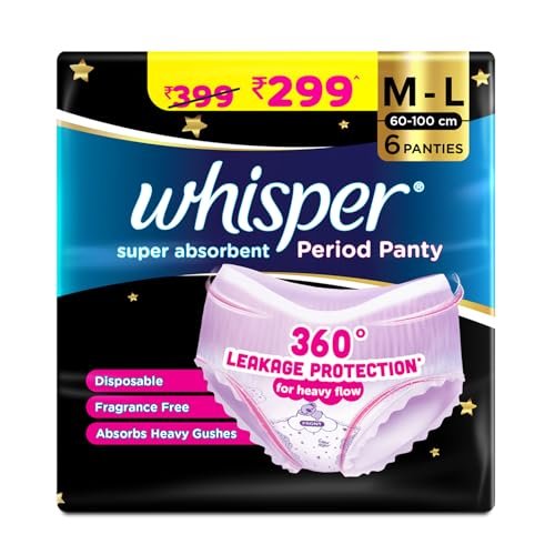 Whisper Super Absorbent Period Panty, 6 M-L Pants, 360 Degree Leakage Protection* for Heavy Flow, Panty like Fit, Full back Coverage, Absorbs Heavy Gushes, Silky Soft, Comfortable Feel
