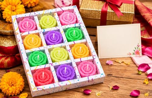 Flower Candle Set for Home Decoration | Decorative Floral Rose Candlles for Diwali, Festivals, Pooja, Birthday & Gifting | Colorful Wax Flower Candles/Pack of 12 Candles