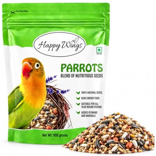 Happy Wings Mix Seed Bird Food for Parrots, African Grey Parrots, Macaws, Lorikeets – 900 gm | Premium Seed Blend | Bird Food for All Life Stages
