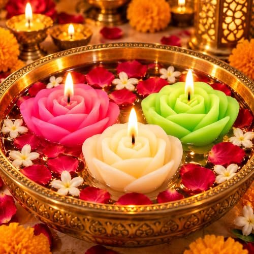 UPYOG Diwali Diya Decoration Floating Candles Giant Rose Candles | 3 Pcs Bulk Pack | Smokeless, Dripless & Long Lasting Water Lamp Candles Deepawali Decor