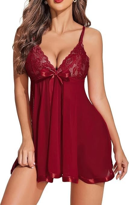 Blossea Soft Net Babydoll Lingerie Set | Lightweight Breathable Nightwear Sleepwear Bikini Dress | Women Romantic Night Dress Lingerie for Honeymoon First Night (1003, Maroon, 2XL)