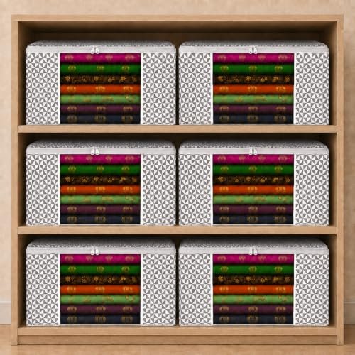 VERVENIX Saree Cover Pack of 6,Large Size, Grey Triangle Pattern Garment Storage Bags with Zipper & Transparent Window, Dustproof Clothes Cover for Suits, Dresses, Coats & Shirts,46.3 x 36 x 22.5 CM