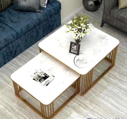 Furniture Cafe Square Nesting Coffee Table Set of 2 with White Marble Look Top & Gold Metal Frame | Modern Stackable Center Tables for Living Room, Bedroom, Balcony & Apartment (White & Black & Gold)