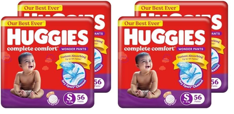 Huggies Complete Comfort Wonder Pants | Pant Style Baby Diapers S Size, 112 Count | India’s Fastest Absorbing Diaper, Patented Dry Xpert Channel, Ideal for 4 to 8 Kgs (Pack of 2)