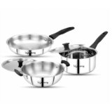 Lifelong 3 Piece Stainless Steel Cookware Set | 2.2L Kadhai with Lid 22cm | 1.4L Fry Pan 22cm | 1.2L Saucepan 16cm | Comes with Two Lid | Induction & Gas Compatible | Bakelite Handles | Easy to Clean