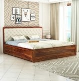 MAMTA Decoration Solid Sheesham Wood Queen Size Bed with Box Storage and Upholstered Cushioned Headboard for Living Room Wooden Double Bed Cot for Bedroom Home (Honey Finish)