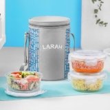 Larah Glassware Vogue Borosilicate Glass Lunchbox with Bag | 3pc Round Container Set (400 ml Each) | Microwave & Dishwasher Safe, Leakproof | Tiffin for Office, School, College | Blue